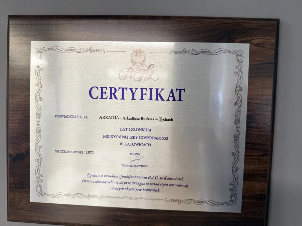 Certyfikat członkostwa w Regionalnej Izbie Gospodarczej w Katowicach